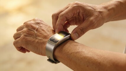Senior hands adjusting a smartwatch on wrist, active aging concept
