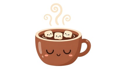 Obraz premium A charming illustration of a steaming hot chocolate mug with three adorable, smiling marshmallows, perfect for cozy winter moments and sweet treats