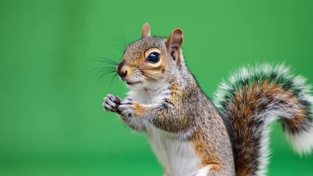 Adorable squirrel standing on hind legs with green background