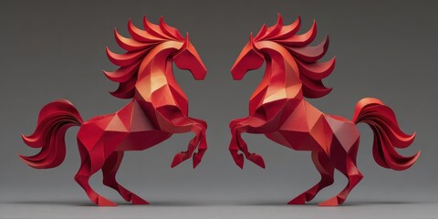 Red Geometric Horses with Dynamic Posture and Bold Colors in 3D Style