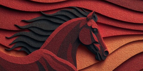 Red and Black Horse Sculpture Against Textured Abstract Wave Background