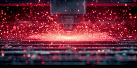 Bright Red Sparks and Laser Cutting Sparks from CNC Machine in Action