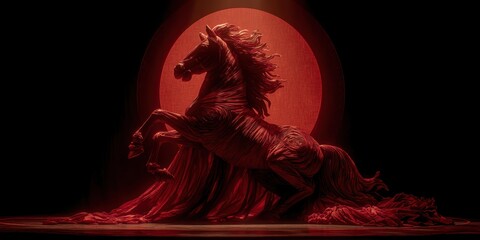 Majestic Horse Sculpture with Red Cloth and Dramatic Lighting