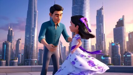 Joyful animated dad and daughter dance playfully on a vibrant city rooftop against a stunning modern cityscape, creating a beautiful Dad Appreciation Background.