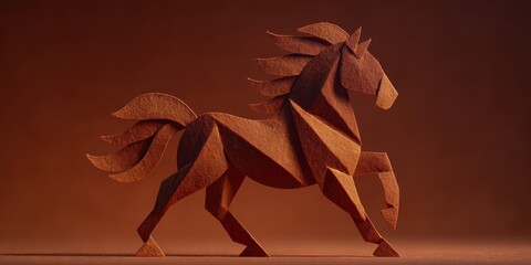 Abstract Horse Sculpture in Warm Tones with Artistic Geometric Design