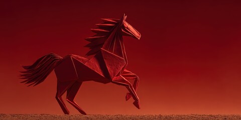 Red Origami Horse Sculpture Against Gradient Background in Artistic Space
