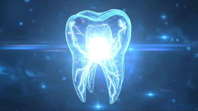 A luminous blue tooth hologram floats amid an electric, starry cosmic backdrop, radiant and surreal