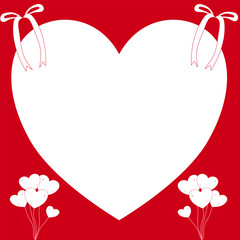 Romantic Heart Shape Note Template with White Ribbons and Heart Balloons on Red Background