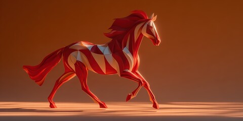Abstract Red and White Geometric Horse in Motion on Warm Background
