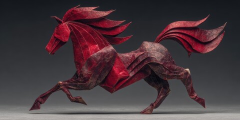 Elegant Red Origami Horse Sculpture Captured Against Dark Background