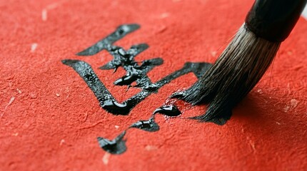 Macro shot of a wet brush creating traditional Chinese calligraphy strokes with black ink on textured red paper, symbolizing Lunar New Year blessings and culture.