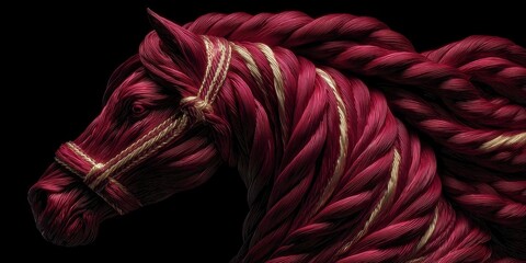 Artistic Representation of a Horse Made from Twisted Ropes in Red Tones