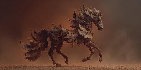 Majestic Horse Sculpture Made of Leaves in Artistic Display of Nature