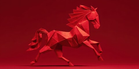Red Origami Horse in Dynamic Pose on a Striking Red Background