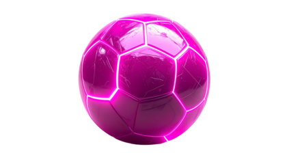 A vibrant, neon-pink soccer ball glows with internal light, its segmented panels reflecting a glossy sheen against a stark black backdrop
