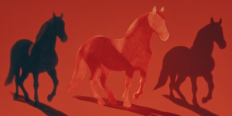 Abstract Horse Silhouettes with Colorful Shadows on Red Background