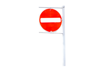 Do Not Enter or no entry sign made of symbol red circle shape aluminum, red. Rules for road. Regulatory signs for vehicular traffic sign. Isolated on cutout PNG or transparent background.