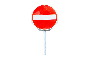 Do Not Enter or no entry sign made of symbol red circle shape aluminum, red. Rules for road. Isolated on cutout PNG or transparent background. Regulatory signs for vehicular traffic sign. 