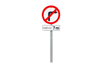 Length over 7 m, Do not turn right sign aluminum white prohibiting turning right sign circular traffic on steel pole isolated on cut out PNG or transparent background. Icon, symbol organizing traffic.