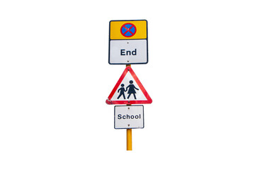 School roadside warning sign students or people crossing and Do Not Enter or no entry Blue isolated on cut out PNG background. Symbol white triangular aluminum pedestrian crossing traffic.
