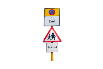 School roadside warning sign students or people crossing and Do Not Enter or no entry Blue isolated on cut out PNG background. Symbol white triangular aluminum pedestrian crossing traffic.