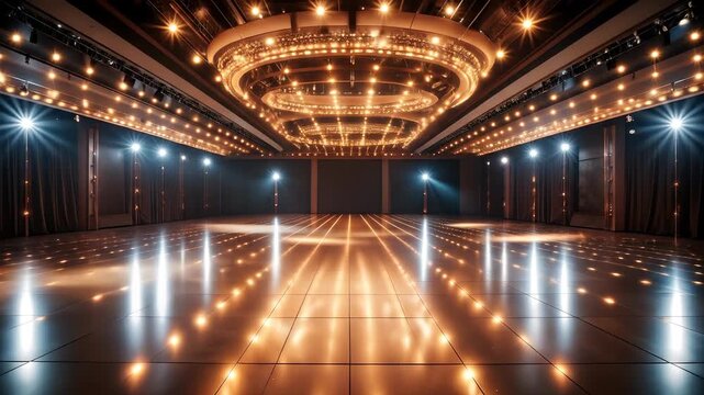 Luxury ballroom with dynamic lighting and empty stage, ideal for grand events and presentations
