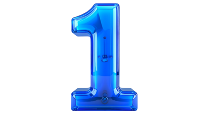 A translucent, blue, three-dimensional representation of the number one floats against a stark black background. It appears to be made of glass or a similar material