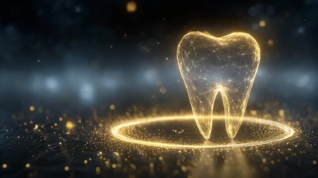Glowing golden tooth silhouette hovering above a radiant ring of particles in a dark cosmos. Starry