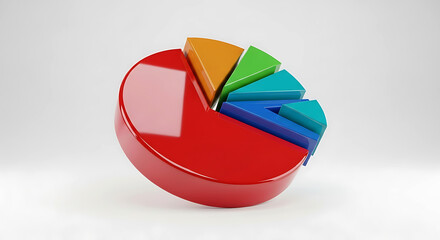 3 D Pie Chart with Red Orange Green Blue Teal Slices on White Background graph data