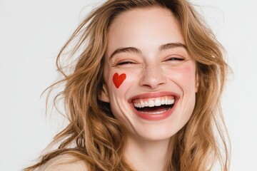 Joyful young woman with bright smile displays painted heart on cheek against light background