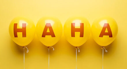 Four yellow balloons with H A H A text on a yellow background haha celebration