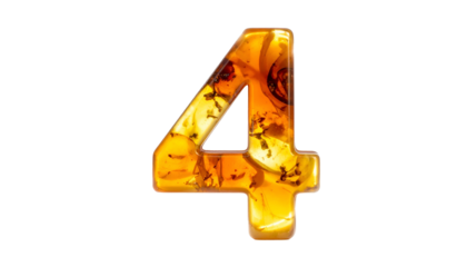 A numeral "4" is depicted against a black background. The number appears to be made of amber or a similar translucent material, revealing inclusions within