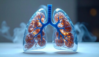 Transparent lungs with glowing interior and blue airways, enhanced by ethereal fog