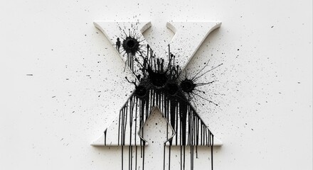 Dramatic artistic representation of a pristine letter X violently pierced, resulting in explosive black liquid splatters and stark drips on a white surface