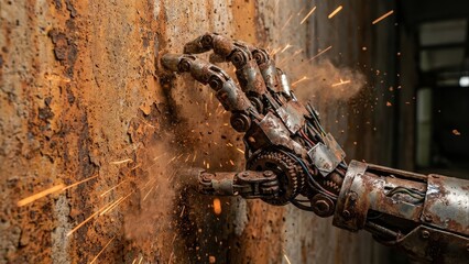 Close-up of a rusty robotic hand drilling into a corroded metal surface, sparks flying