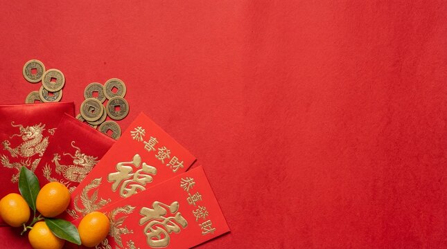 Lunar New Year prosperity flat lay: Red envelopes (Hongbao), traditional ancient coins, and fresh mandarins on a vibrant textured red background with copy space.