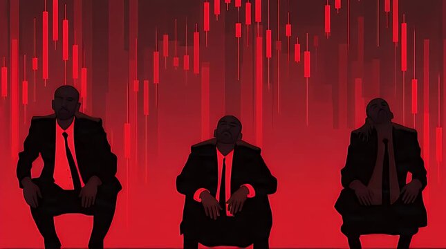 A digital illustration of three suited men in a row, each displaying distressed postures against a gradient red background with stock market candlestick charts