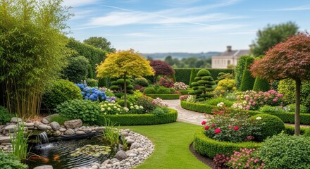A lush, well-maintained garden with a variety of plants and flowers, including trees and bushes, and a pond with a waterfall.