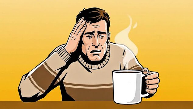 Man Suffering From Migraine Headache Holding Hot Drink Mug Cartoon