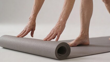 elderly Person unrolling a yoga mat with hands and feet, active aging concept