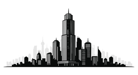 Fototapeta premium Striking silhouette of a modern city skyline with a prominent central skyscraper.