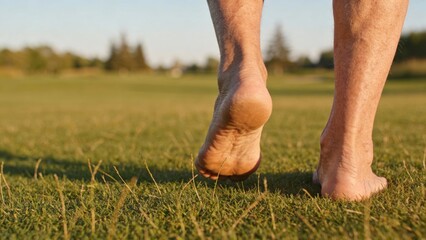 elderly Bare feet walking on sunlit grass in a field, active aging concept