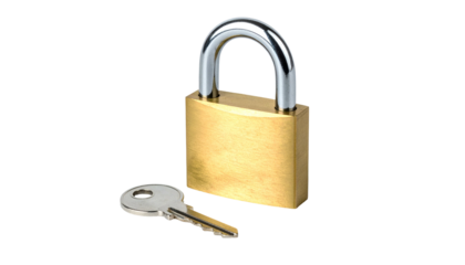 A close-up view of a metallic padlock with a shiny metallic handle and a key on a black background