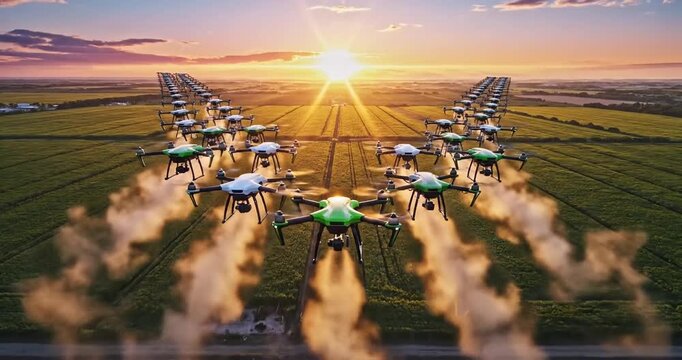 Aerial view of multiple drones flying over a lush green field at sunset, showcasing agricultural technology