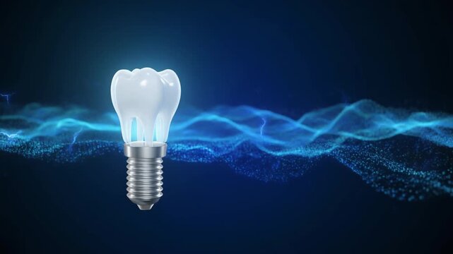 Glowing Dental Implant Lightbulb with Digital Energy Waves