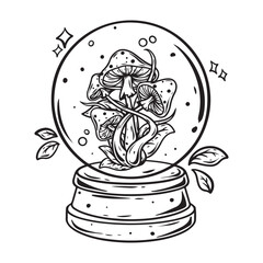 illustration art hand drawn crystal ball with mushrom inside black and white tattoo and t-shirt design