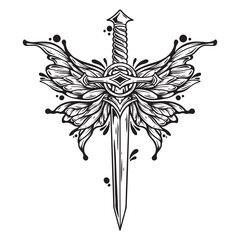 illustration art hand drawn black and white sword with butterfly wings tattoo and t-shirt design