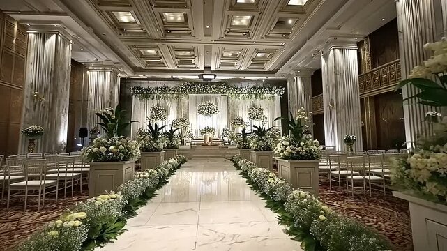Elegant wedding reception hall with white floral decorations and long aisle leading to the stage.