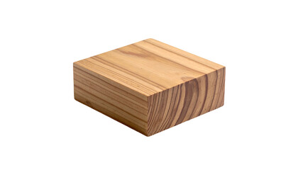 A close-up shot of a small, square wooden block. It appears to be freshly cut, showing visible grain