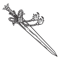 illustration art hand drawn black and white sword with rope ornament tattoo and t-shirt design